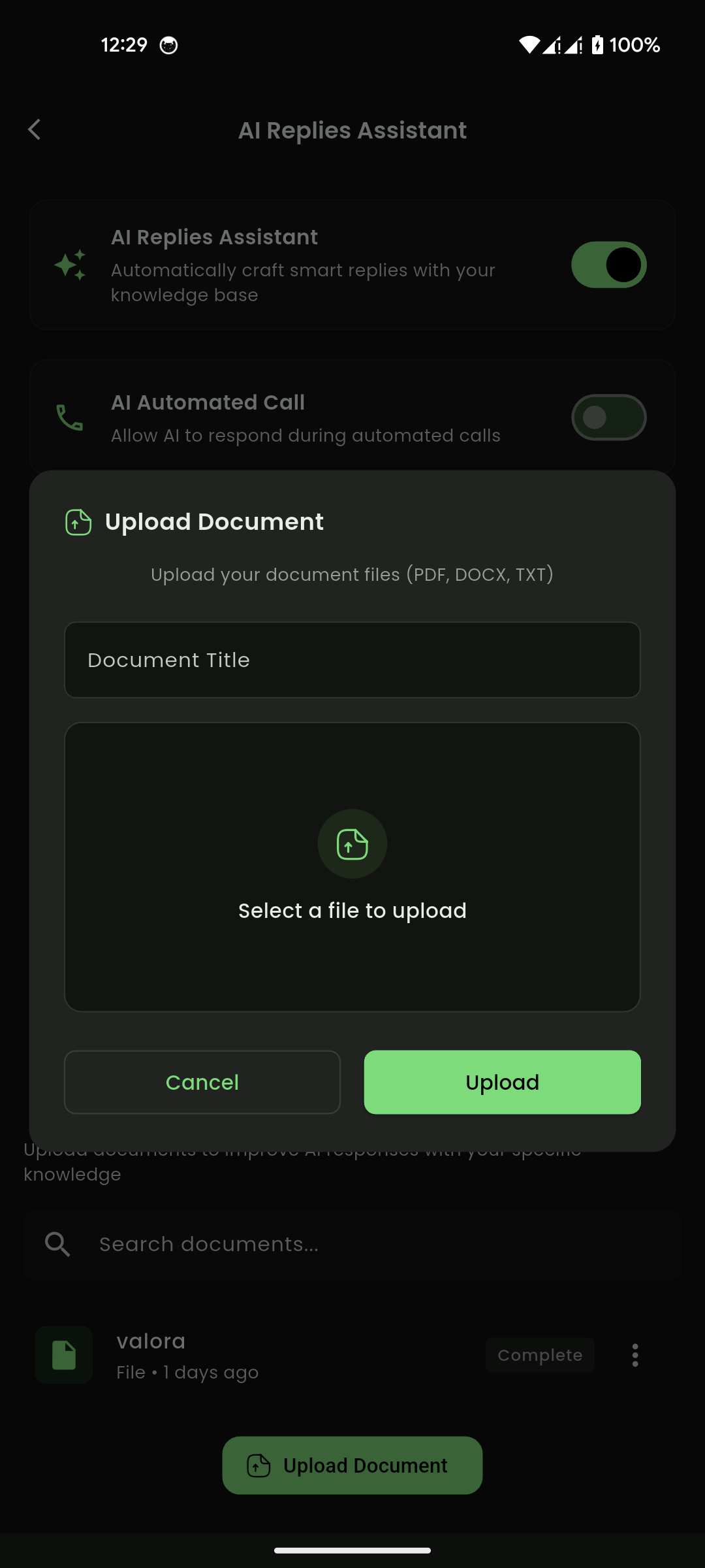 AI Replies Assistant page with platform toggles
