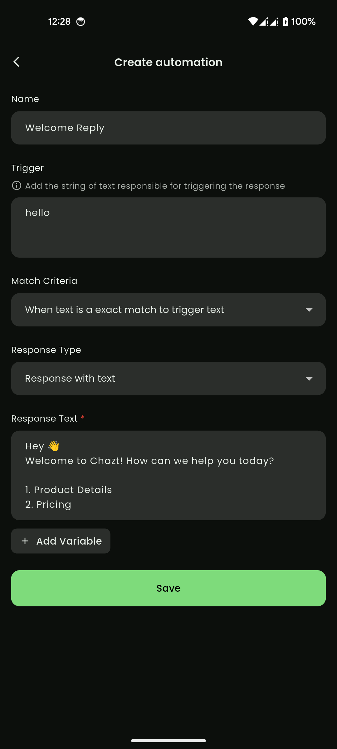 Create automation form for Basic Reply