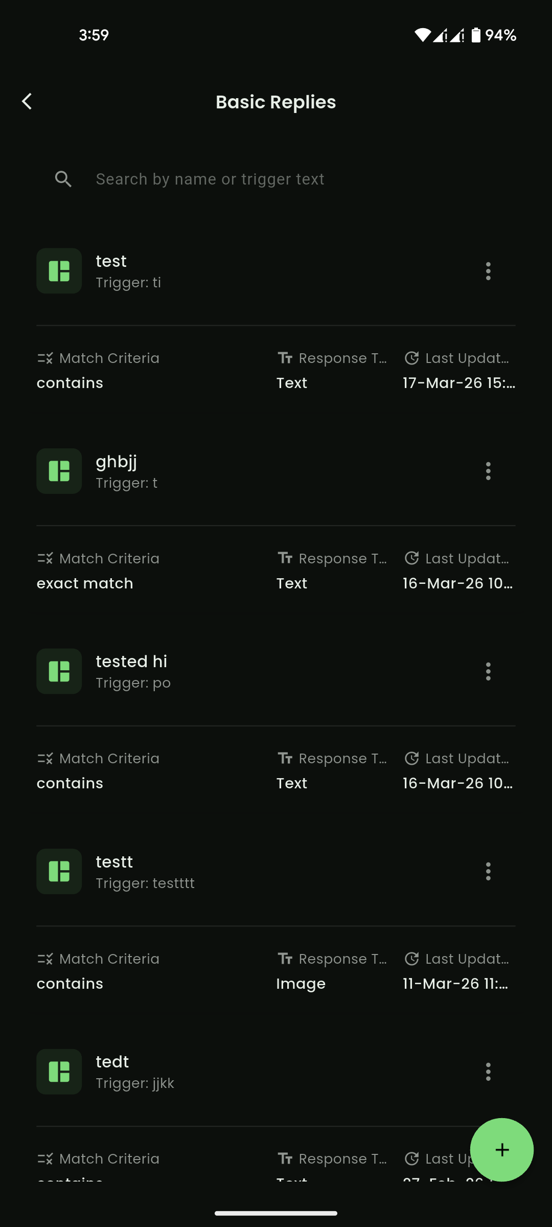Basic Replies list with search and add button