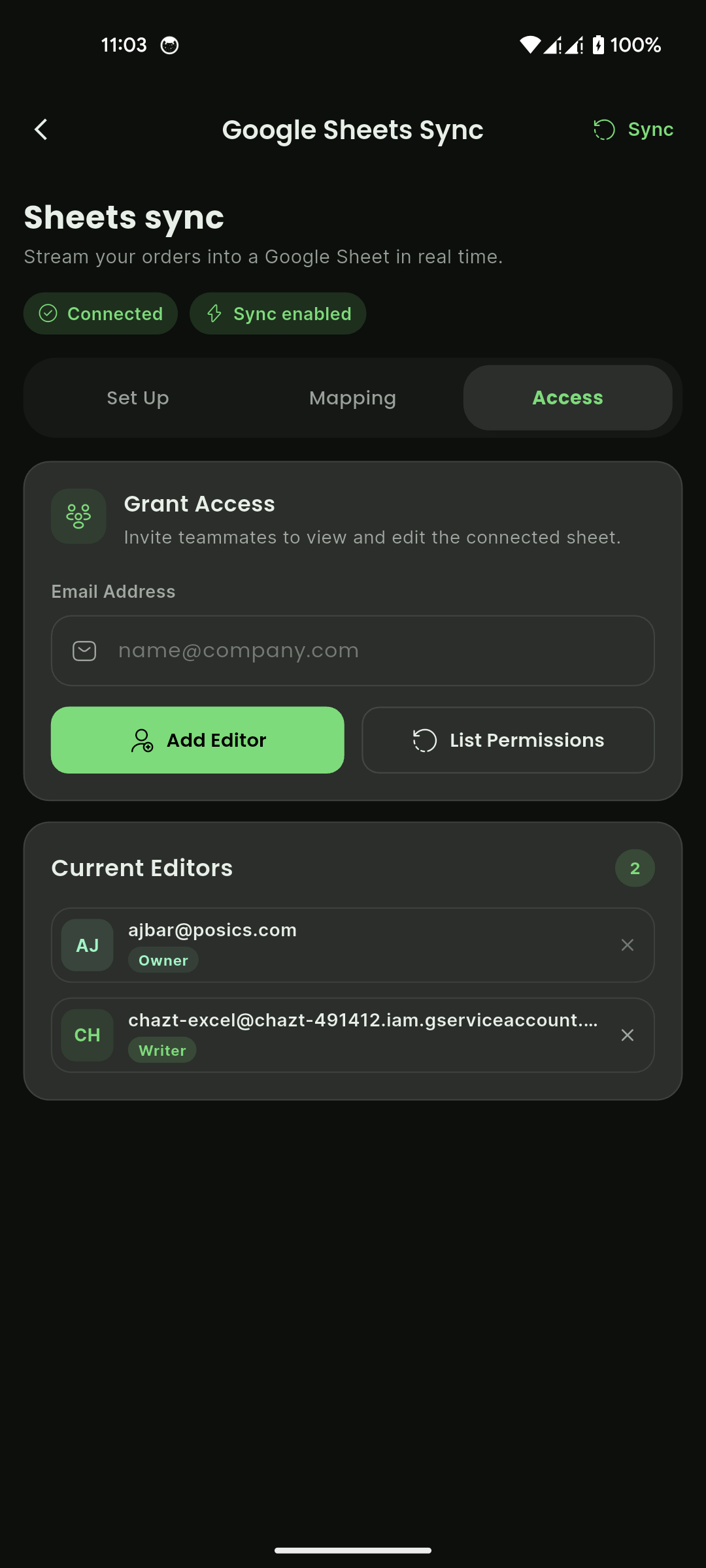 Google Sheets Sync - Access tab with add editor and current editors list