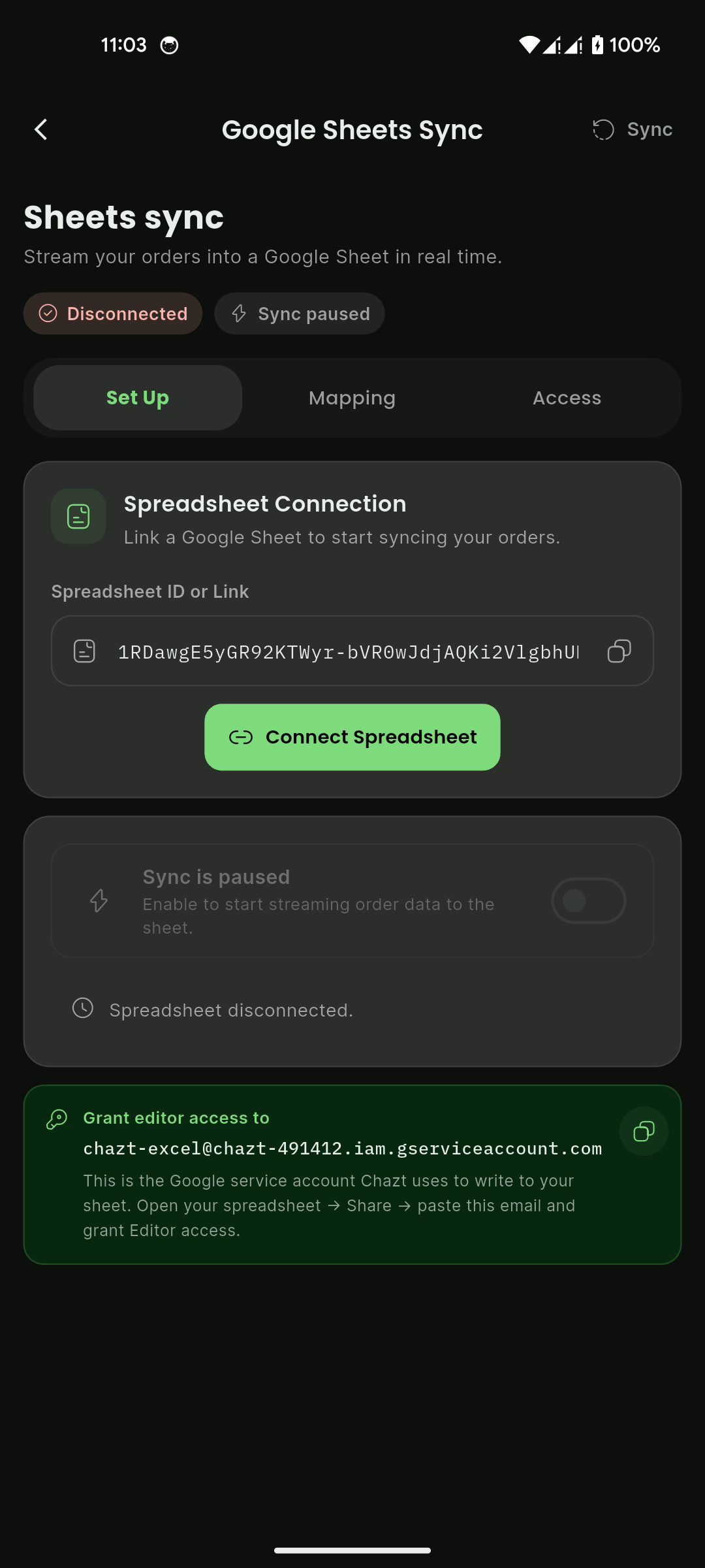 Google Sheets Sync - Set Up tab with connection state and service account grant card