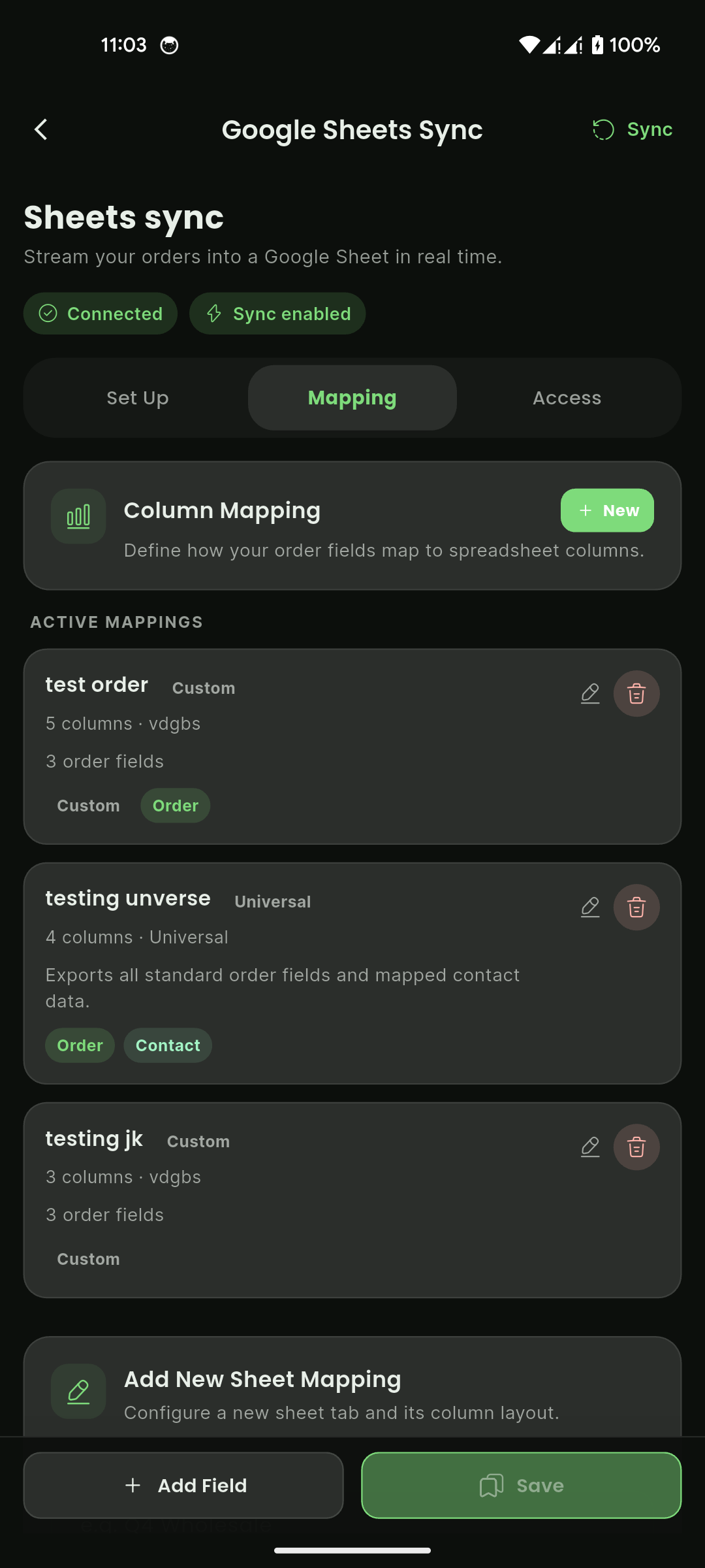 Google Sheets Sync - Mapping tab with active mappings and add new mapping section