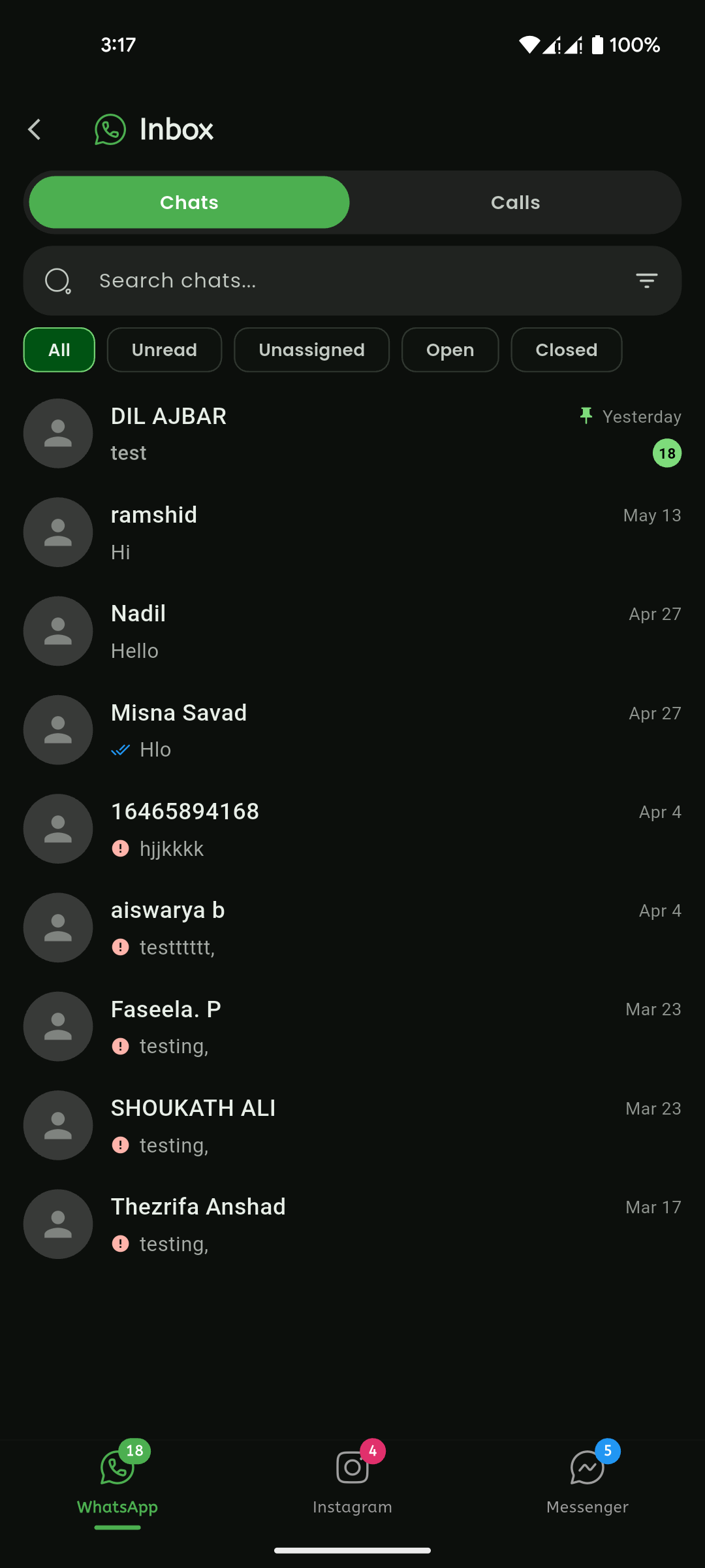 Chat inbox with conversation list and message panel