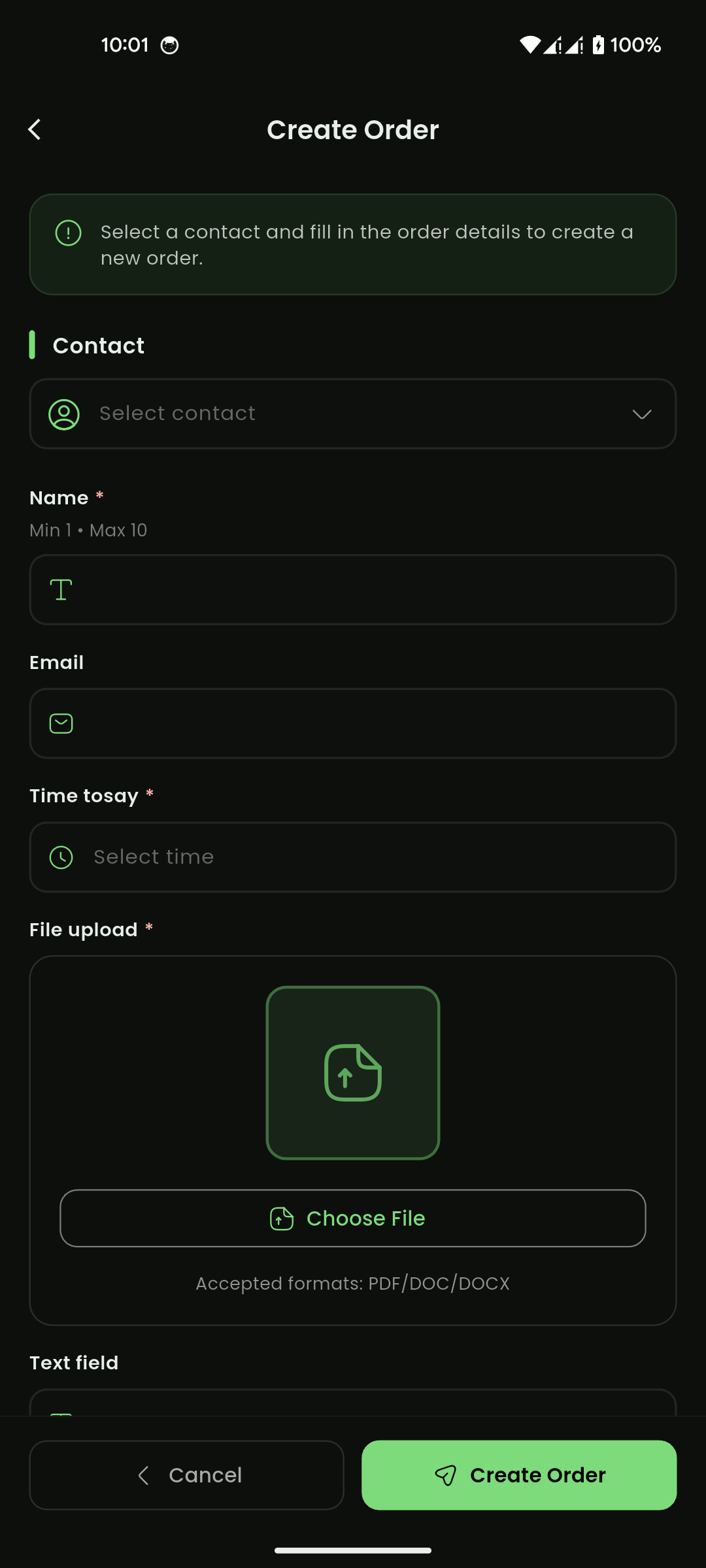 Create order form with file upload
