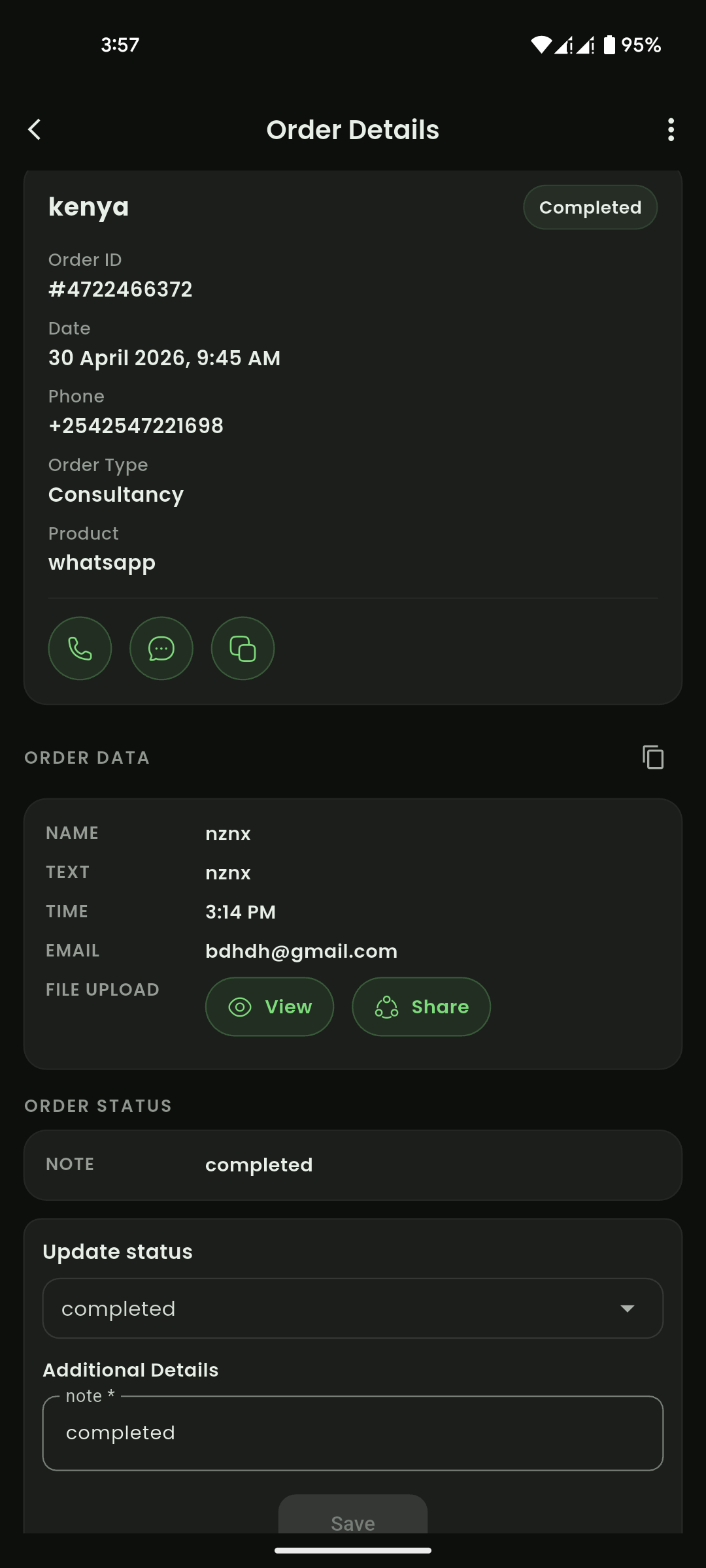 Order details page with update status section