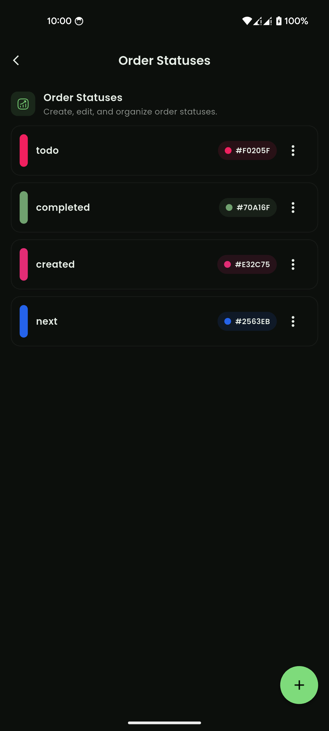 Order statuses list with color tags