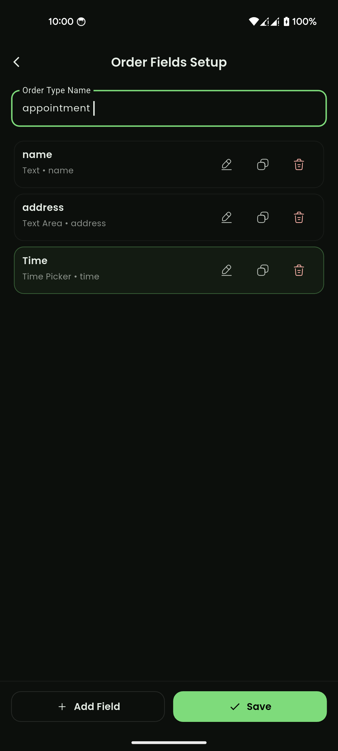 Order fields setup for an order type