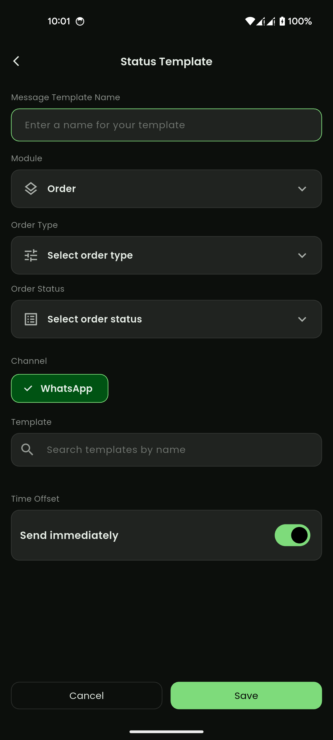 Status templates list filtered for Order module