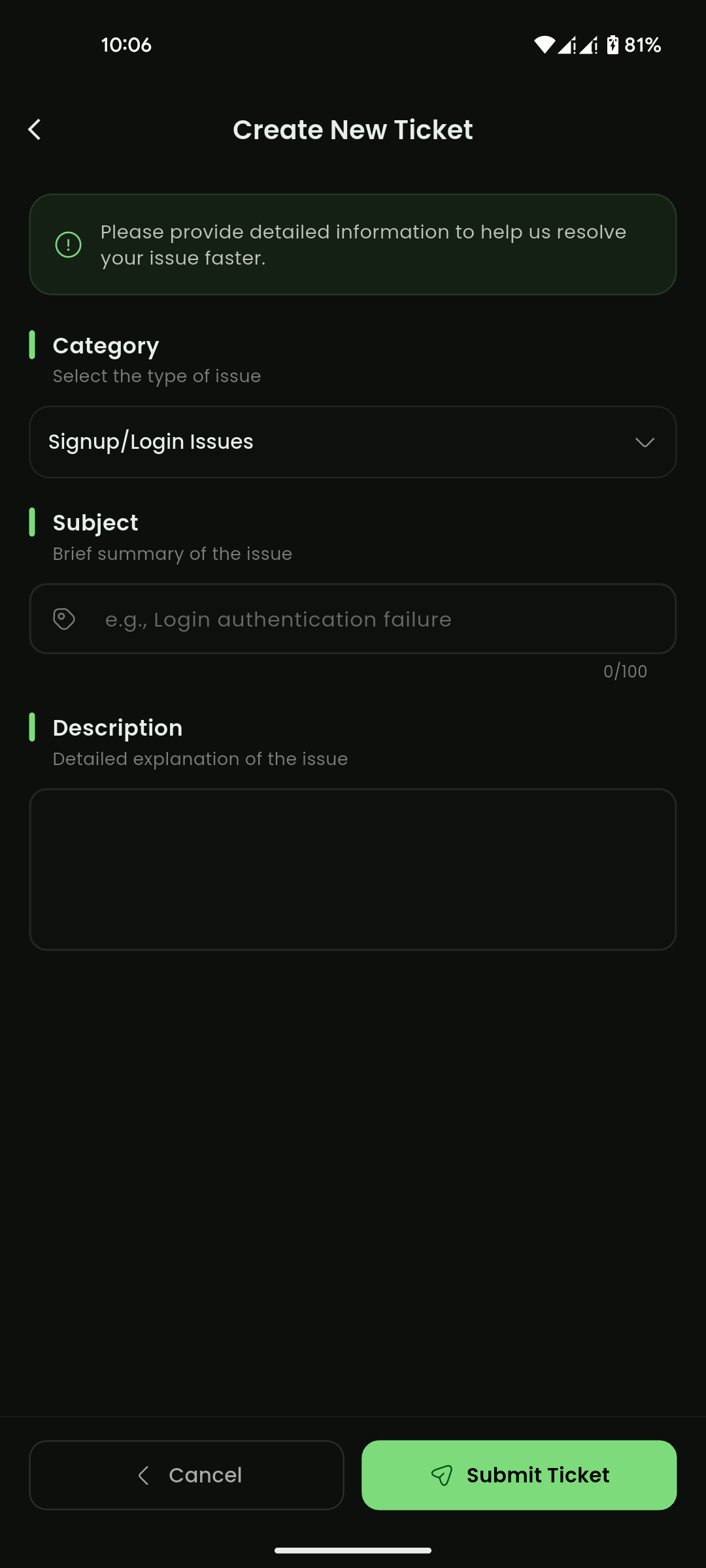Create New Ticket form with category, subject, and description