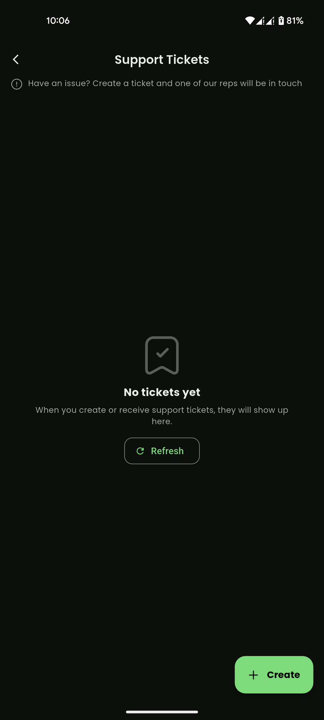 Support Tickets list with empty state and Create button