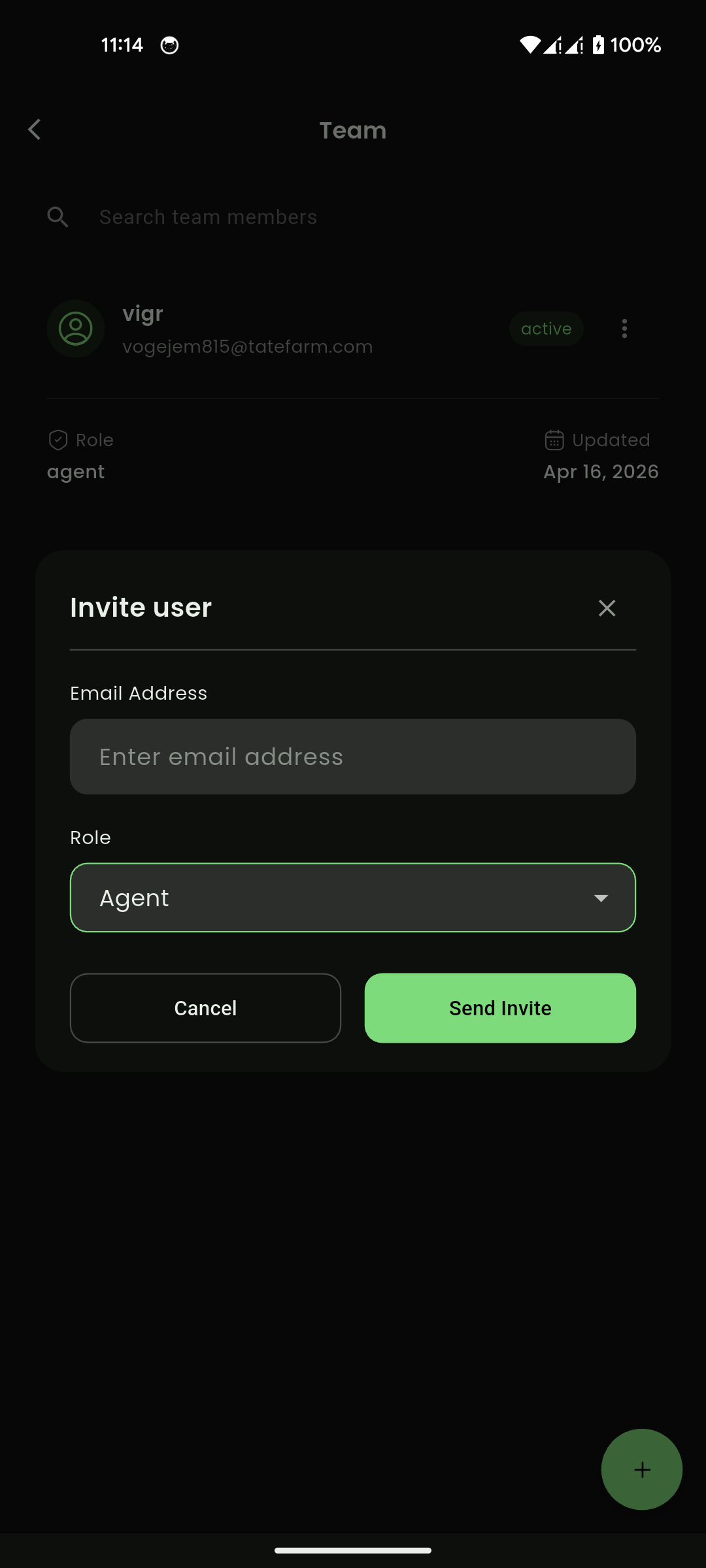 Invite user dialog with email and role selection