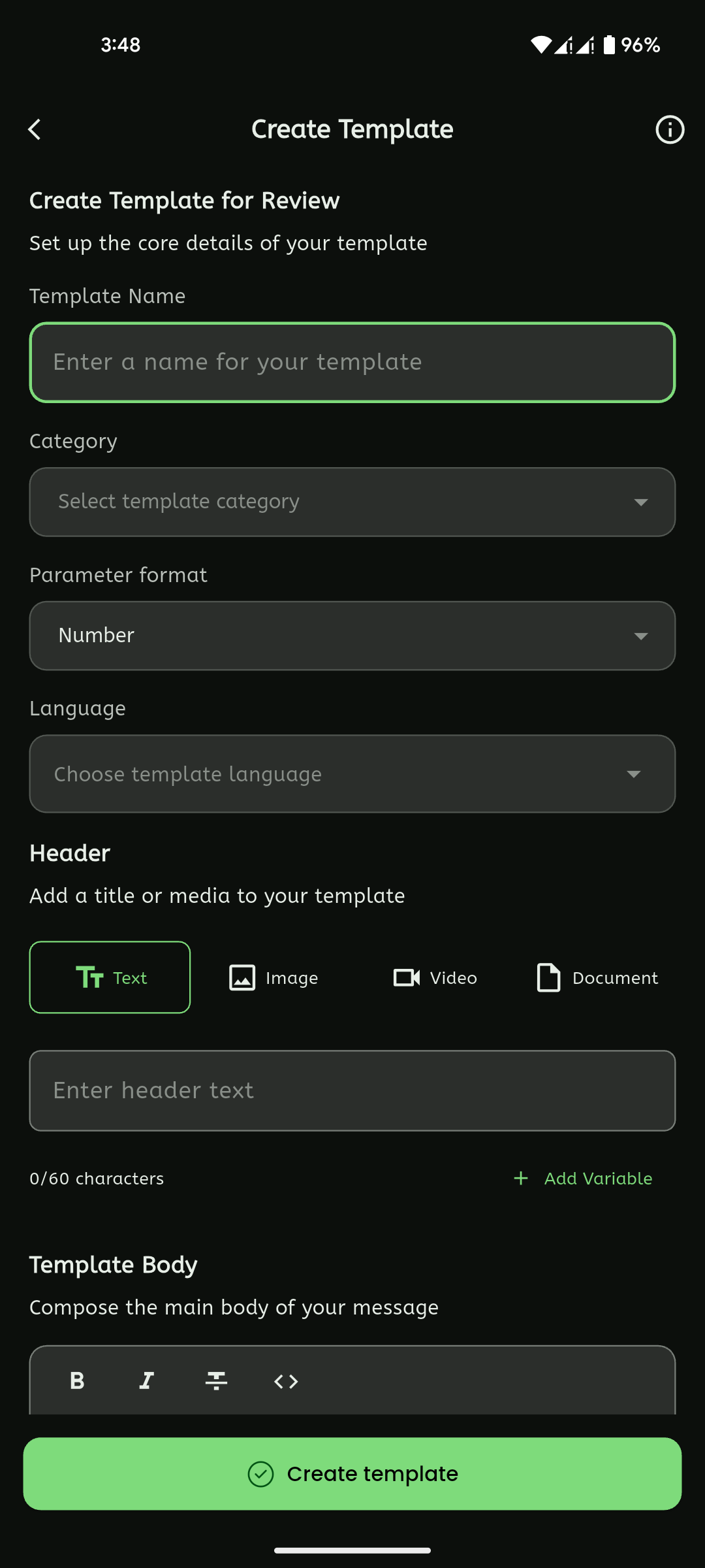 Create template form