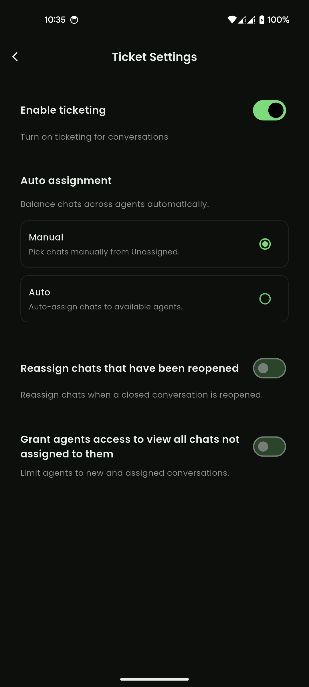 Ticket Settings page