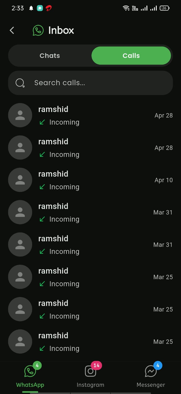 WhatsApp calls list view