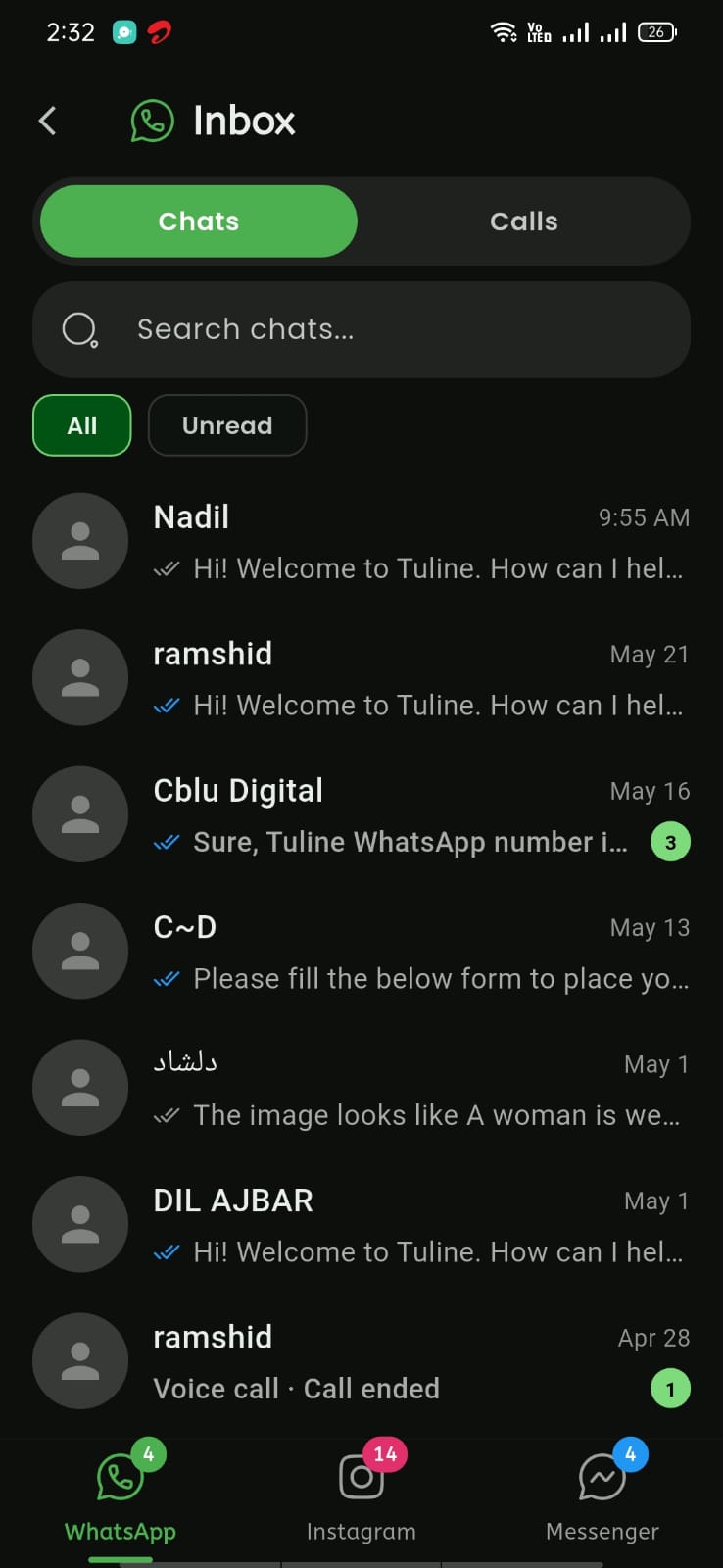 WhatsApp chat list and calls tab