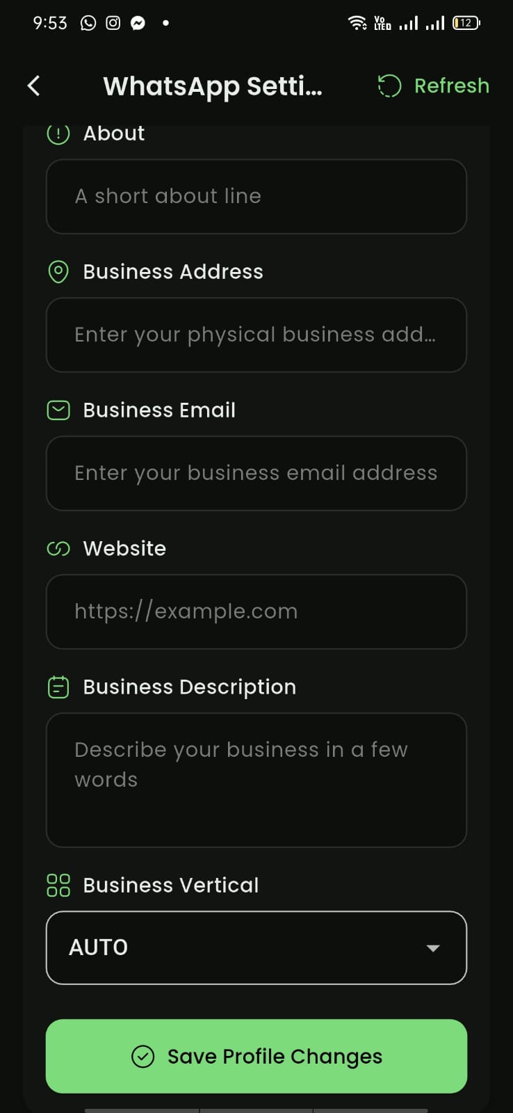 WhatsApp business profile form