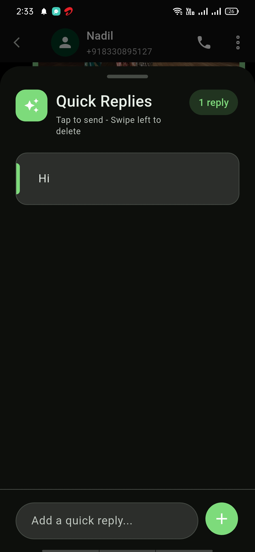 Quick Replies panel in chat
